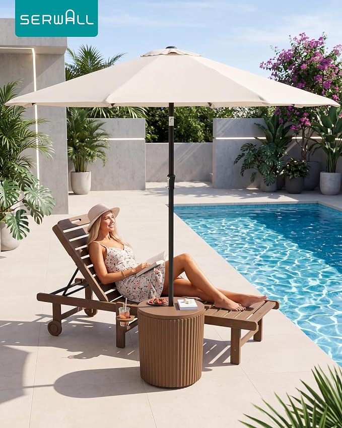 SERWALL Round Outdoor Umbrella Side Table, 3-in-1 Outdoor Patio Table with Umbrella Hole for Porch/Patio/Poolside, Brown