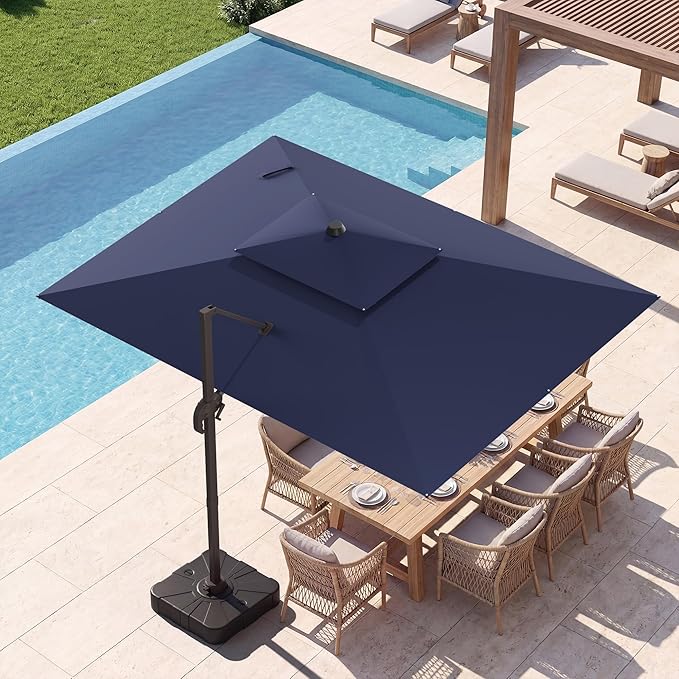 9x12 FT Patio Umbrella with base, Large Cantilever Rectangular Double Top Heavy Duty Offset Umbrellas with 360° Rotation, Outdoor shade for Garden Deck Pool, Navy