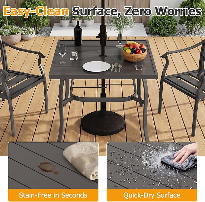 EROMMY 5-Piece Outdoor Patio Dining Set, 4 Metal Slat Chairs & Square Table with Umbrella Hole, All-Weather Patio Furniture for Backyard, Deck and Garden