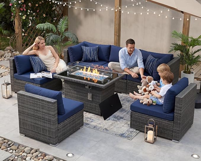 BULEXYARD 7 Piece High Back Outdoor Furniture Set with Fire Pit, Durable All Weather Wicker Patio Couch Sofa Set, Large Modular 6-Seater Sectional Backyard Seating Wide Deep for Lawn, Grey & Navy Blue