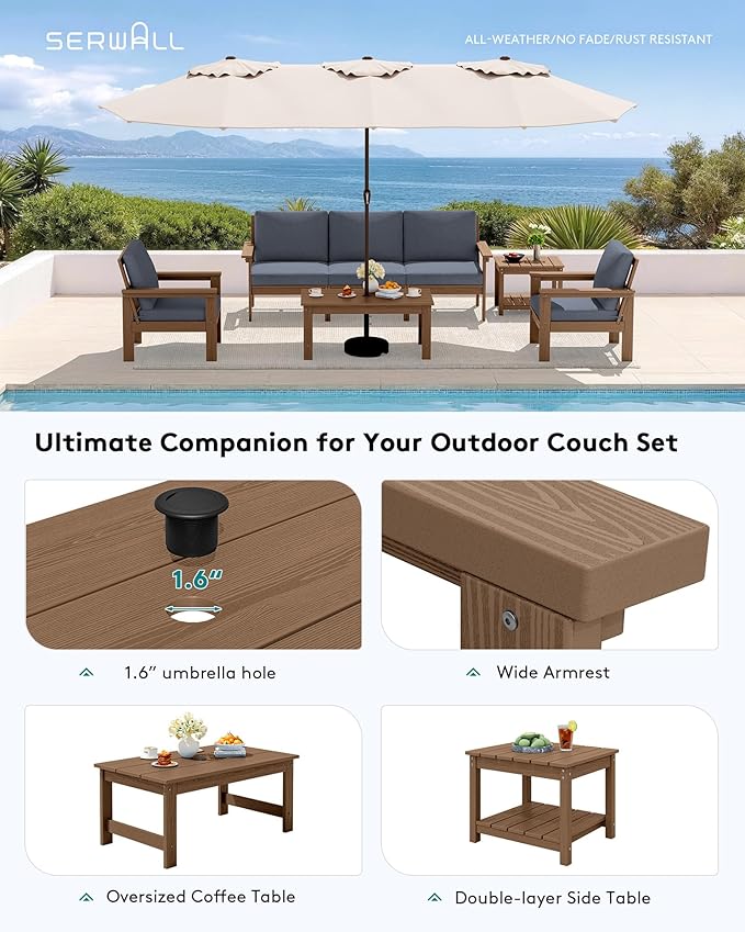 SERWALL HDPE Patio Furniture Set, 7-piece Outdoor Sectional Sofa Set, All Weather Outdoor Couch Set for Deck, Lawn, Brown Frame with Grey Cushion