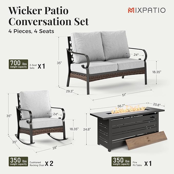 Patio Furniture Set with Fire Pit Table, 4 PCS Metal Outdoor Conversation Set with 5.75'' Extra Thick Cushion, 2 Rocking Chairs, Loveseat Sofa and Gas Fire Pit Table, Light Grey