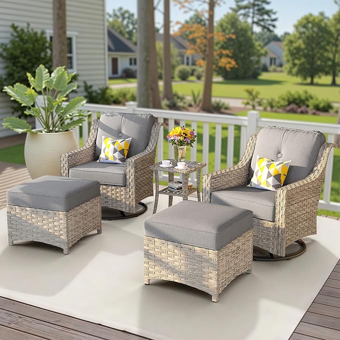 HOOOWOOO Patio Furniture Set,5 Pieces Wicker Outdoor Furniture,High Back Conversation Set with All Weather Resistant Swivel Chairs with Ottoman Side Table,Dark Gray