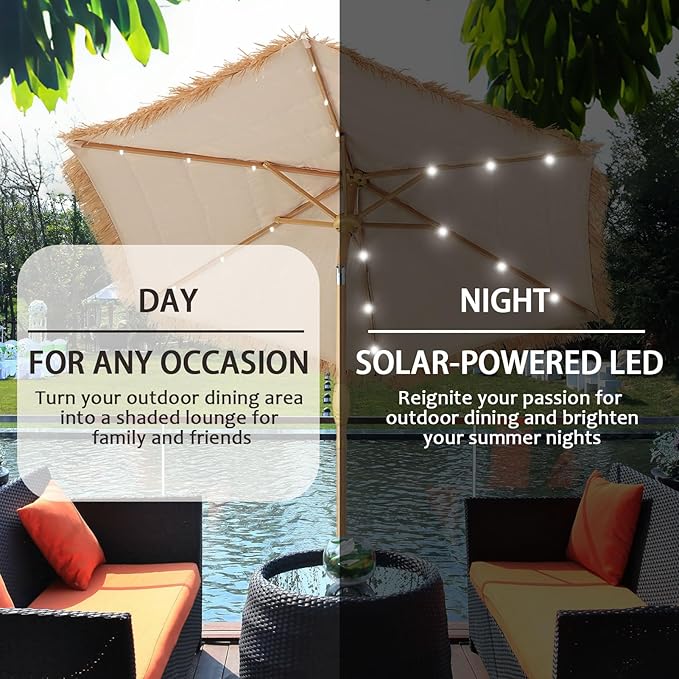 GDY 7.5 ft Tiki Patio Umbrella, Hula Thatched Umbrella with18 LED Sloar Ligths, Pool, Patio, Beach