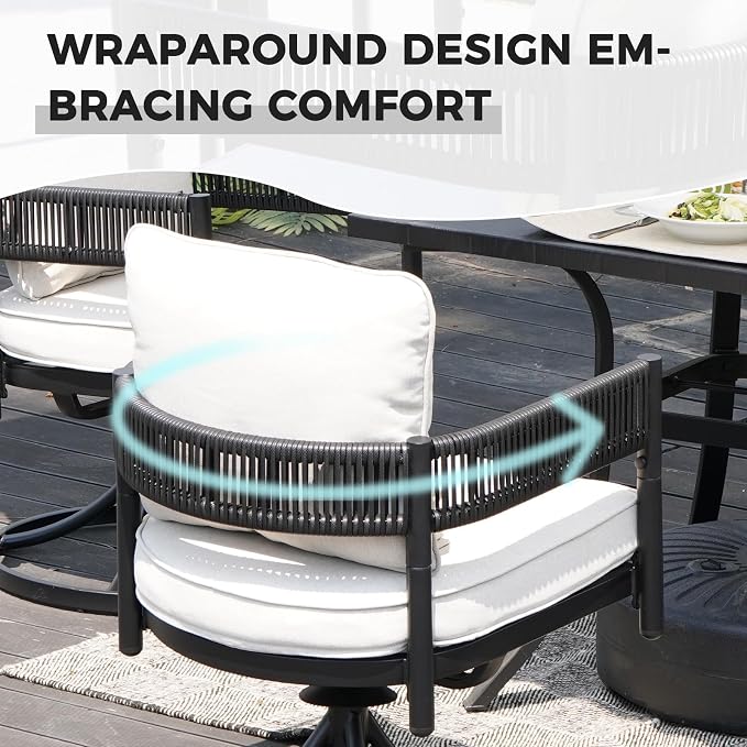 Grand patio 5-Piece Expandable Table Dining Set for 6 to 10, Aluminum Outdoor Dining Table with Glass Tabletop, Metal Woven Wicker Swivel Patio Chairs with Cushions for Yard, Poolside, Deck (Black)