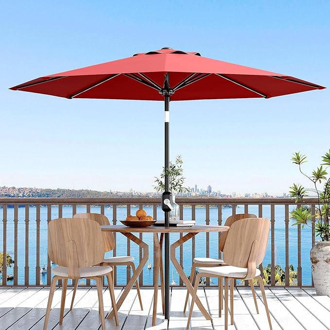 Garvee 9 ft Patio Umbrella - 8 Sturdy Ribs Outdoor Table Umbrella with Crank Lift & Push Button Tilt - Market Umbrella for Pool, Deck, Yard, Garden - Red