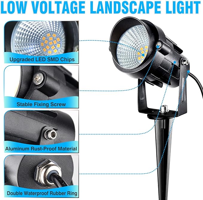 7W Low Voltage Landscape Lighting with Connectors AC/DC 12-24V IP67 Waterproof 3000K Warm White Outdoor Spotlights for Yard Pathway Garden Trees (6 Pack)