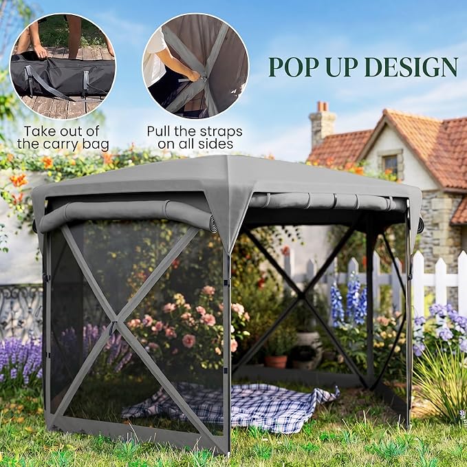 Outsunny Pop Up Gazebo Screen Tent House, 11 x 11ft with UPF30+ Removable Roof Cover, 4 Roll-up Wind Panels and Carry Bag for Camping, Patio, Backyard, Lawn, Dark Gray
