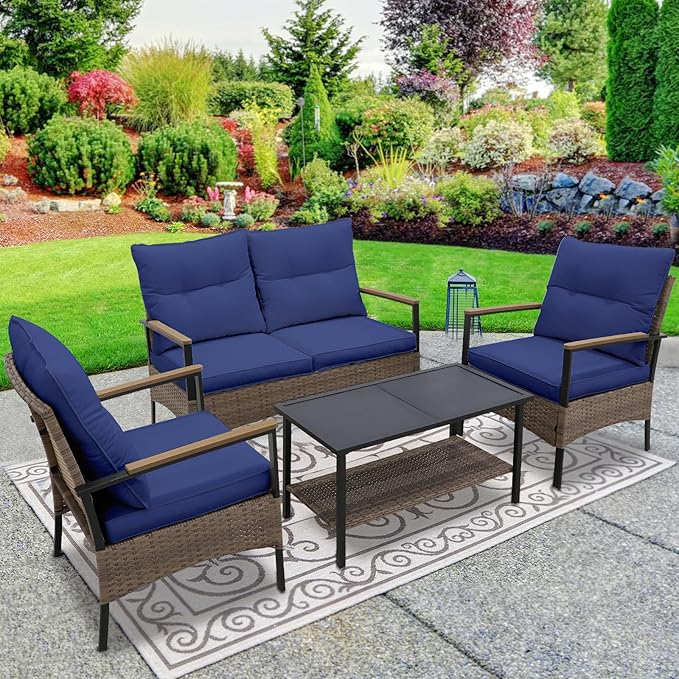 EAGLE PEAK 4 Piece Mojave Dusk Outdoor Conversation Set, Patio Wicker Furniture, Loveseat, 2 Patio Chairs and Coffee Table, Brown/Blue