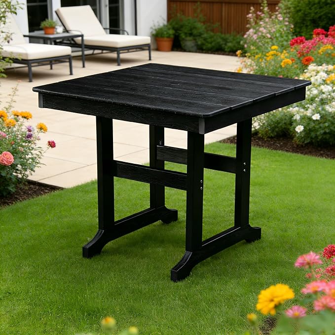 KEIKI 35" HDPE Outdoor Table, All Weather Patio Table with Umbrella Hole, Waterproof & Fade Resistant, Wood Grain Finish, Easy Assembly Patio Furniture for Garden Balcony Poolside Backyard, Black