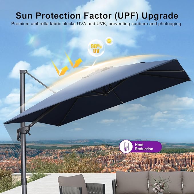 PURPLE LEAF Patio Umbrella 10' X 10' Rectangle Cantilever Umbrella Large Aluminum Outdoor Umbrellas with 360-degree Rotation & UPF40+ Premium Fabric for Deck Pool Garden Yard, Ocean Slate