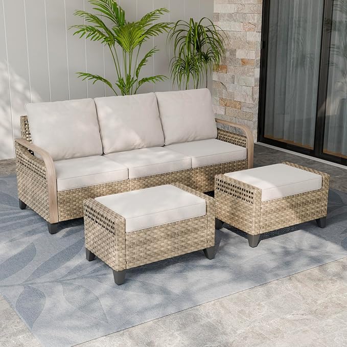 EAGLE PEAK Modern Wicker Outdoor Patio Furniture Set, Patio Conversation Set, a 3-Seat Loveseat and 2 Ottomans, 3 Pieces, Brown/Gray