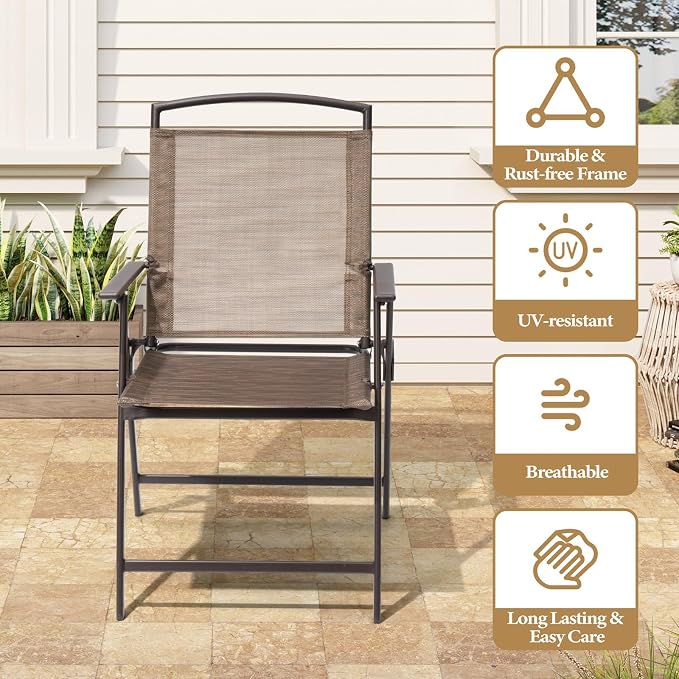 Crestlive Products 5 Piece Patio Dining Set with 4 Folding Chairs and Table Outdoor Dining Furniture with Square Glass Tabletop, Umbrella Hole for Bistro, Garden, Backyard, Deck (Brown)