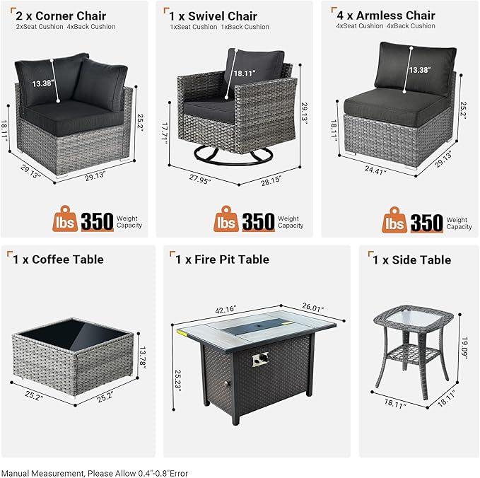 ovios 10 Piece Outdoor Patio Furniture Set with Fire Pit Table,Conversation Sectional Wicker Couch with Swivel Chairs,Modern Outside Sofa for Balcony Backyard, Black