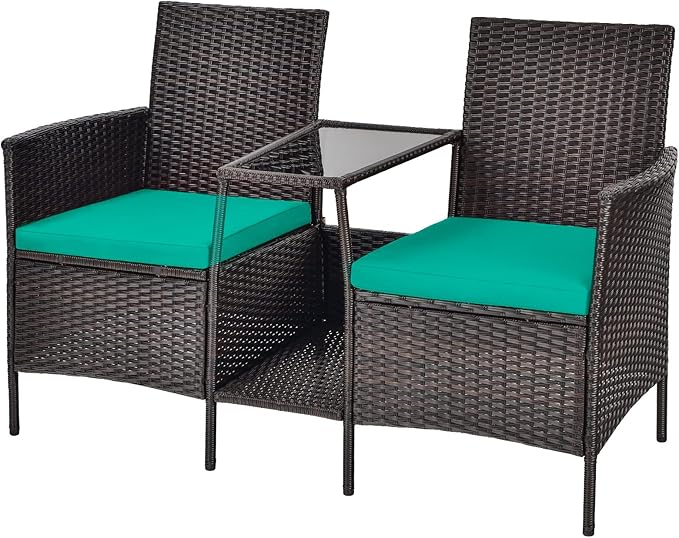 RELAX4LIFE Patio Outdoor Loveseat Set - PE Wicker Conversation Set w/Removable Cushion, Build-in Tempered Glass Coffee Table, Rattan 2-Seater Chair for Porch, Balcony, Patio Furniture Set (Turquoise)