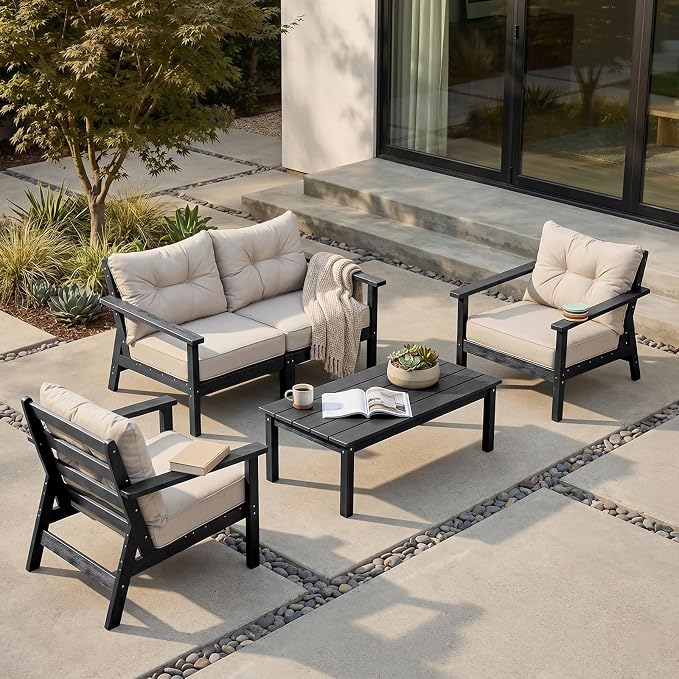 HDPE Patio Conversation Set 4 Seats, Outdoor Furniture Set, Patio Sofa Set | Water-Resistant Thick Cushion, HDPE All Weather, Wood-Grain, No Rot or Rust or Crack, UV Fade Shield, Easy-Clean for Outside