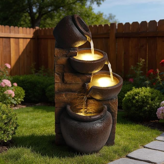 Outdoor Water Fountain with LED Lights, 4 Tier Cascading Pot Waterfall, 25.6" Rustic Jug Fountain with Pump for Garden, Patio, Yard, Porch, Backyard Decor, Brown