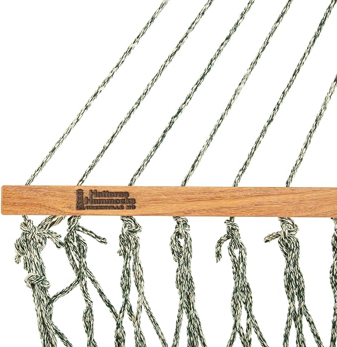 Hatteras Hammocks Executive Green Oatmeal Heirloom Tweed DuraCord Rope Hammock – 13 ft. x 65 in., 2-Person, 450 lb Capacity, Cumaru Spreader Bar, Zinc-Plated Hardware – Handcrafted in The USA