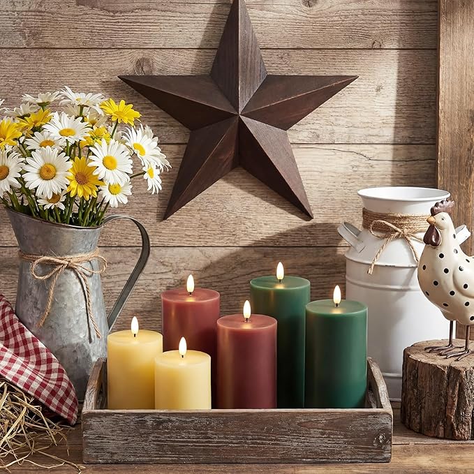 6 Pcs Flameless Candles Battery Operated LED Flickering Flameless Pillar Candles with Remote Real Wax Khaki Brown Green Table Decorations for Spring Wedding Home Decor