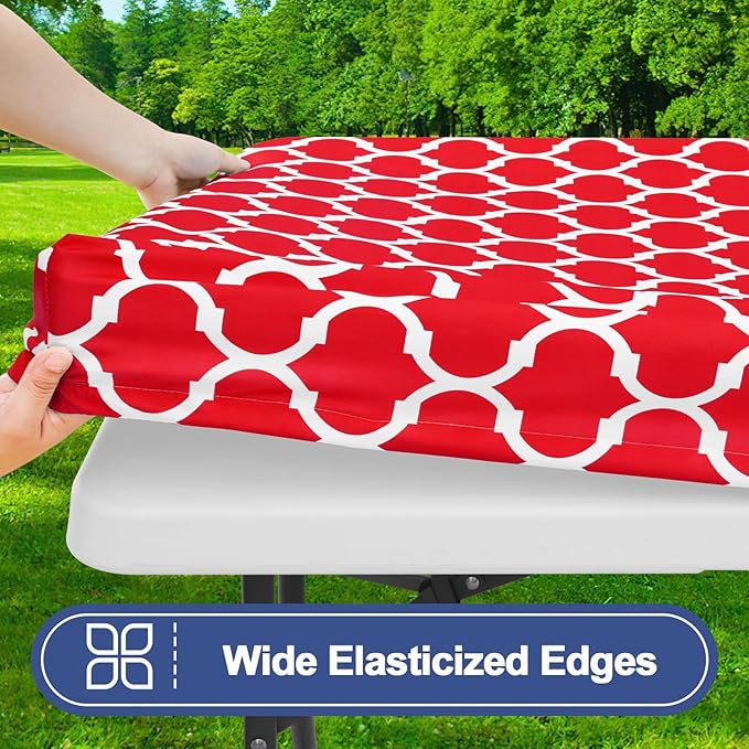 Smiry Picnic Table Cover with Bench Covers, Waterproof Elastic Fitted Tablecloth for 8 Foot Tables, Washable Polyester Tablecloths for Camping, Indoor & Outdoor (Red, 30x96 Inch 3-pc Set)