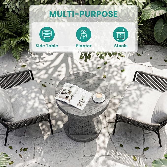 SUNBURY Outdoor Side Table Medium, 20" H Hourglass Design Outdoor Accent End Table, Patio Side Tables, Outside Coffee Tables, Concrete Garden Stool End Table for Living Room, and Backyard, Grey