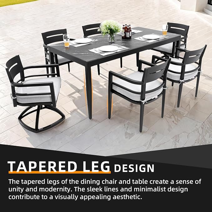 7PC Aluminum Outdoor Patio Dining Set, 71" Rectangular Dining Table with Black Marble Sintered Stone Top, 4 Chairs & 2 Cushioned Swivel Rockers, All-Weather Patio Furniture