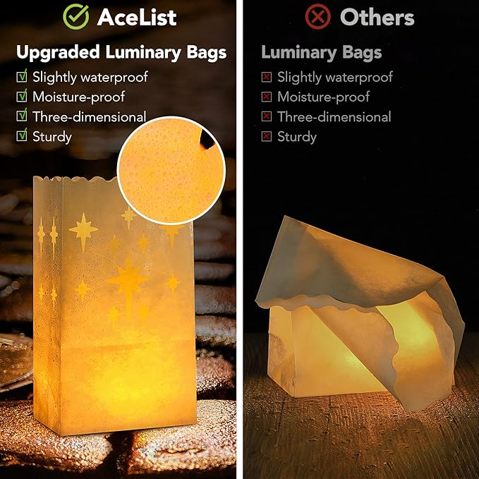 AceList 30 PCS Luminary Bags with 30 PCS Flameless Candles Flickering Tea Lights Candles Battery Operated LED Tea Lights for Wedding Party Valentine's Day, Christmas Decoration - Meteor