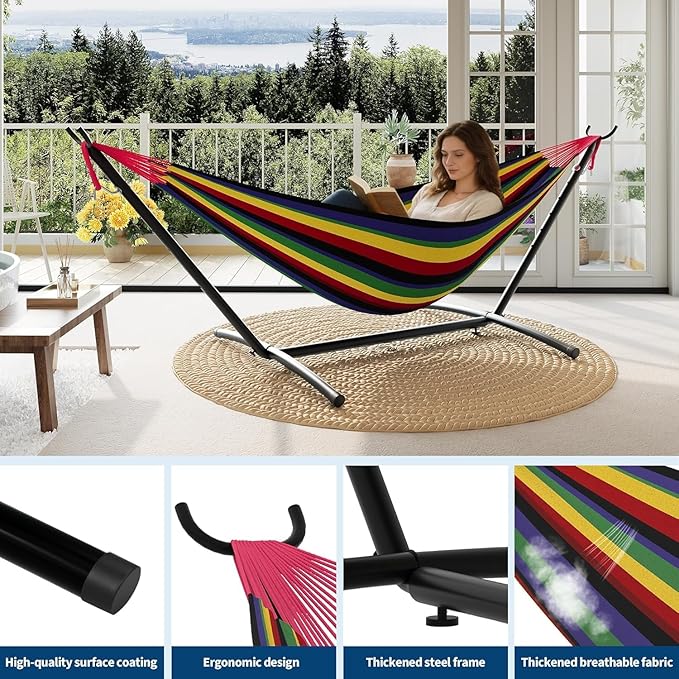 Double Hammock with Space-Saving Steel Stand - 2 Person Portable Heavy Duty Hammock with Carrying Bag for Outdoors & Indoors, Easy Assembly, 350 lbs Capacity, Black Rainbow Stripes