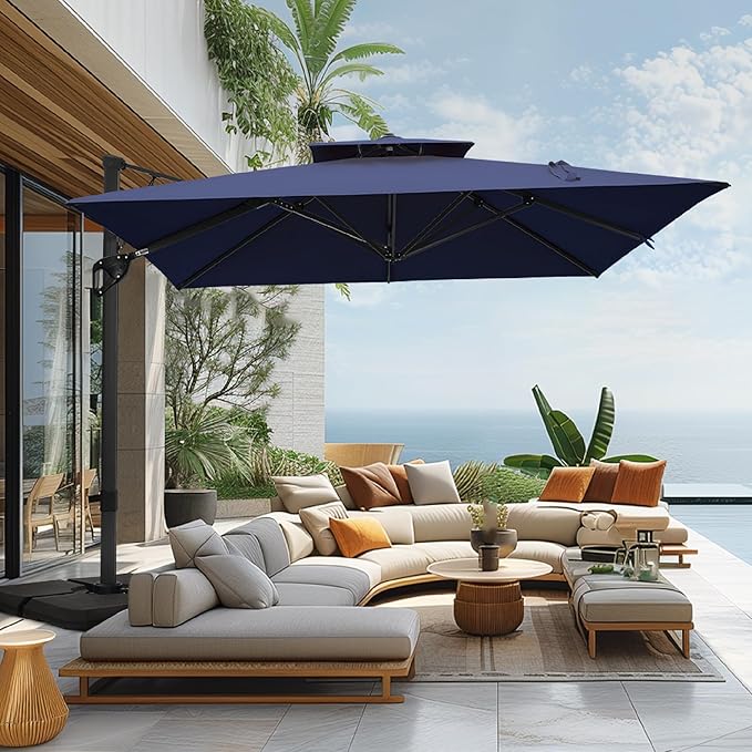 Sophia & William 12ft Cantilever Patio Umbrella with Base, Large Rectangular Umbrellas with 360-degree Rotation, Aluminum Pole for Garden Pool Backyard, Navy Blue