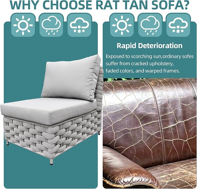 Khaki Gray 3-Seat Modular Outdoor Sofa Set with Round Coffee Table, All Weather Woven Rope Patio Sectional Couch with Cushions for Backyard Balcony Deck