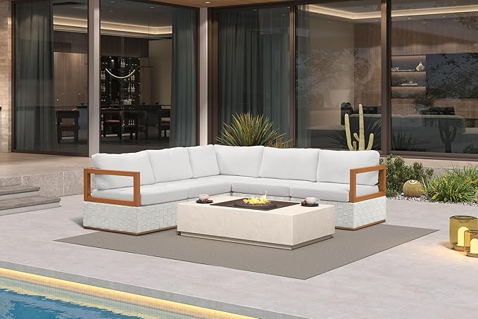 PURPLE LEAF Patio Outdoor Furniture Set 5 Pieces, Premium Leather Outdoor Couch Sectional Sofa, L-Shaped Patio Conversation Sets with Olefin Cushions, Patio Couch for Porch, Balcony, Garden, White