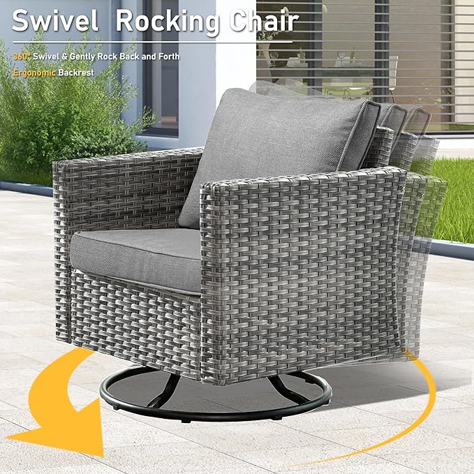 HOOOWOOO Wicker Patio Conversation Sets,8 Piece Outdoor Furniture Set with Swivel Rocking Chairs,All Weather Resistant Modern Outside Out Door Rattan Couch Chairs Side Table Set,Charcoal Gray