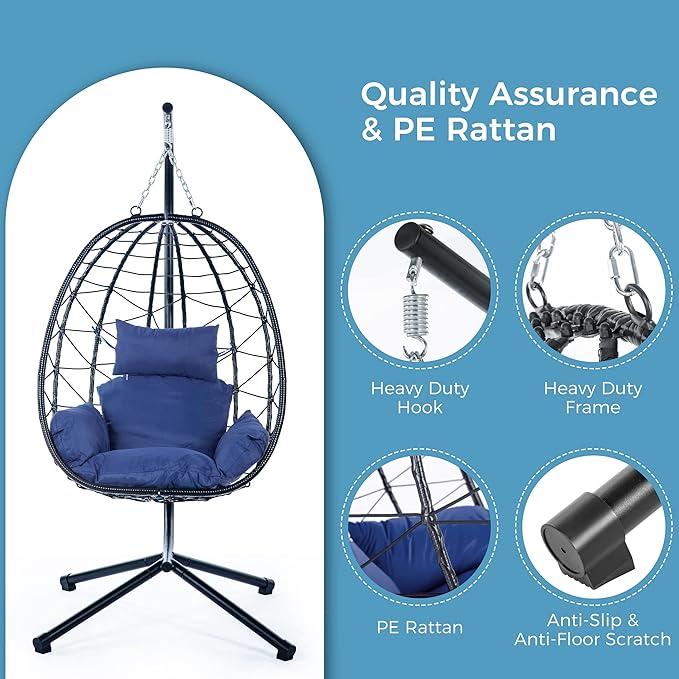 Hanging Egg Chair with Stand, Comfy Indoor/Outdoor Rattan Swing Hammock Chairs, 350lbs Capacity for Patio, Bedroom, Garden (Navy Blue)