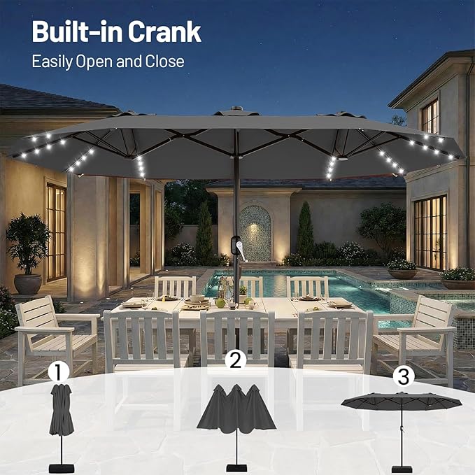 AreShark 13 FT Patio Umbrella with Solar Lights, Double-Sided Outdoor Table Umbrellas with Crank, Large Rectangular Market Umbrella for Porch, Lawn, Pool, Backyard, Gray