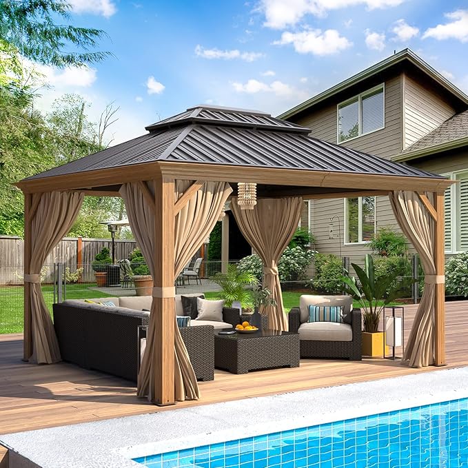 EROMMY 10'x12' Hardtop Gazebo, Wooden Finish Coated Aluminum Frame Canopy with Galvanized Steel Roof, Outdoor Metal Gazebo with Curtains and Nettings for Patio, Backyard, Deck and Lawns