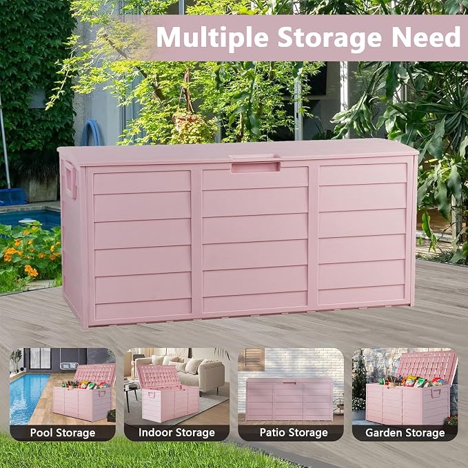 75 Gallon Outdoor Deck Box, Waterproof Storage Box with Wheels, Lockable Wheels, Patio Storage Box Storage, Resin Structure for Garden,Patio (Pink)