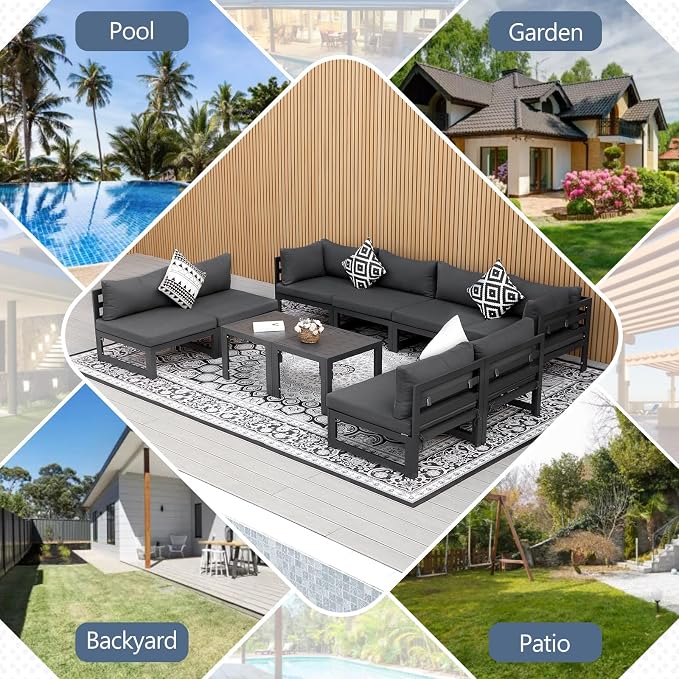 RADIATA 10 Pcs L-Shaped Contemporary Aluminum Outdoor Furniture Set, 29" Deep Wide Large Couch Set, 500 lbs High Weight Capacity Modular Patio Sectional Sofa with Side Table for Garden Yard, Dark Gray