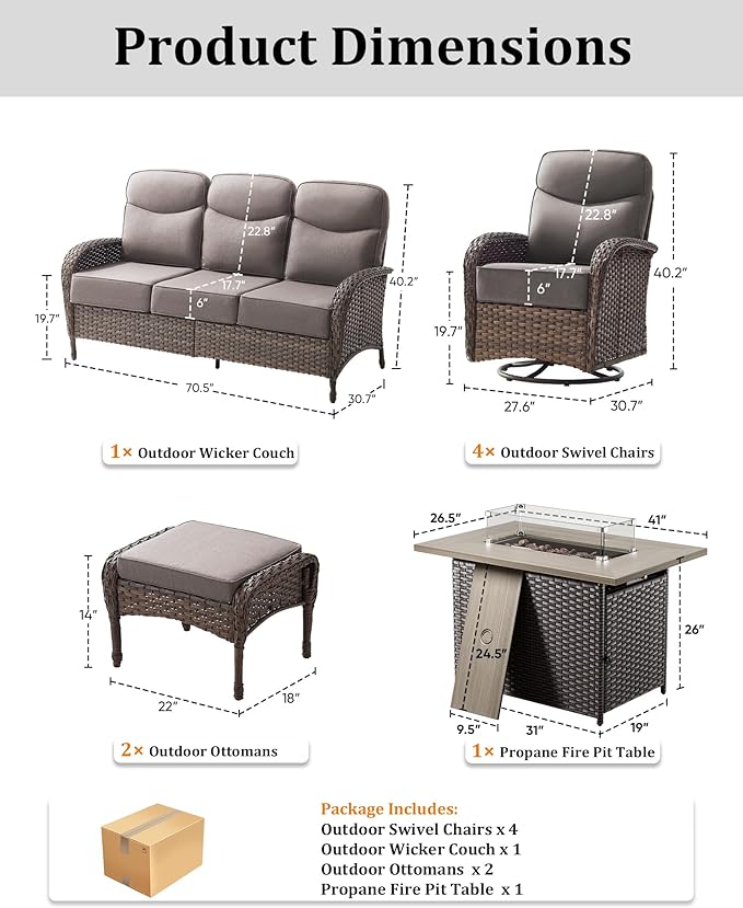 8-Piece Luxury Patio Furniture Set with 42.5" Fire Pit Table, Outdoor Wicker Sofa Couch & Swivel Rocker Chairs with 6-inch Thick Cushion, Conversation Set for Poolside, Deck & Yard - Gray
