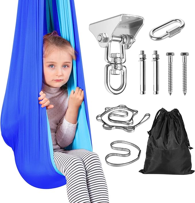 Yoga Swing for Kids Hammock Children Hangin Indoor Outdoor Autism Aspergers,ADHD Kids Hangin Therapy Swing 90inch x 59inch (Hardware Included) Sapphire Blue and Sky Blue
