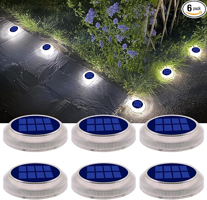 DetarZinLED Solar Deck Lights Outdoor Waterproof, 6 Pack White Round Deck Lights Solar Powered, Flat Stick on Ground Disc Light for Outdoor Pathway Driveway Step Yard Dock Walkway Patio