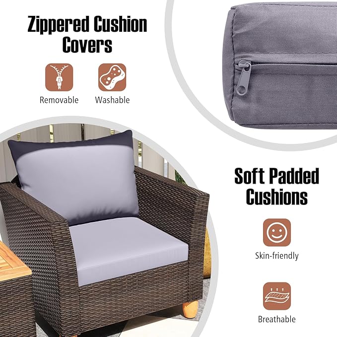 Tangkula 3-Piece Patio Furniture Set, Patiojoy Outdoor PE Wicker Bistro Set with Soft Cushions and Solid Acacia Wood, Outdoor Conversation Set with Porch, Balcony and Garden (Gray)