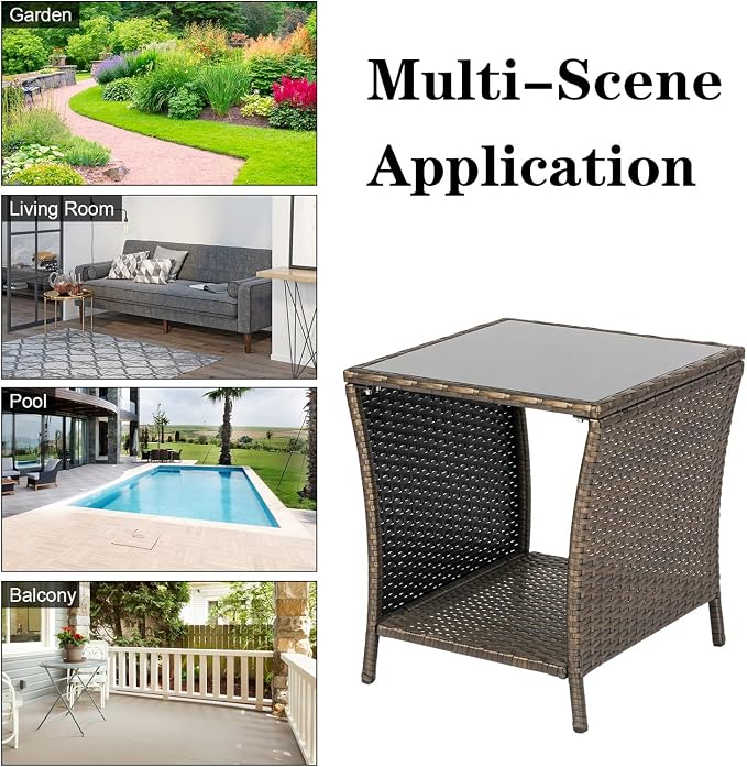 Kinfant Outdoor Wicker Side Table - Patio Square End Table with Steel Frame, Garden Coffee Table with Tempered Glass Top & Extra Storage Shelf for Pool, Lawn, Backyard, Dark Brown, RTET506-F