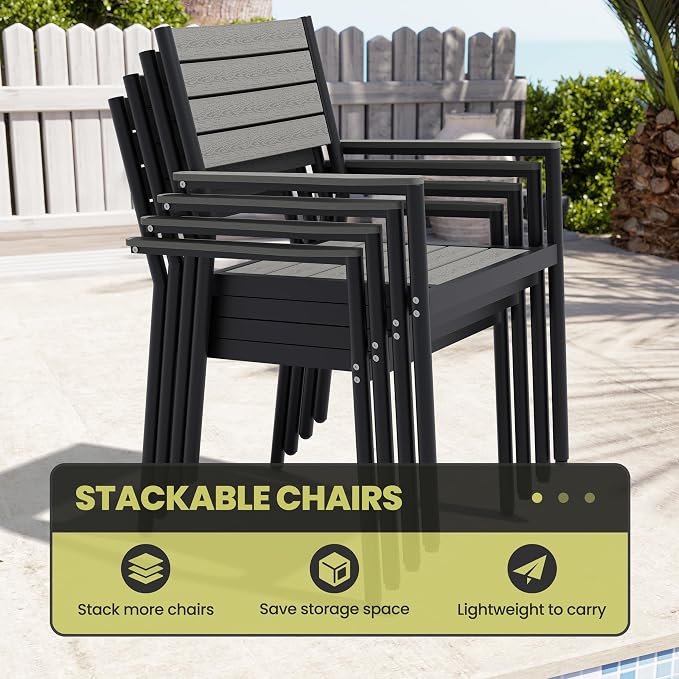 11-Piece Outdoor Dining Set, 95" Patio Table and Stackable Armchairs | Aluminum Frame Adjustable Umbrella Hole & All-Weather Wood Grain Tabletop for Garden, Patio, Backyard (Grey)