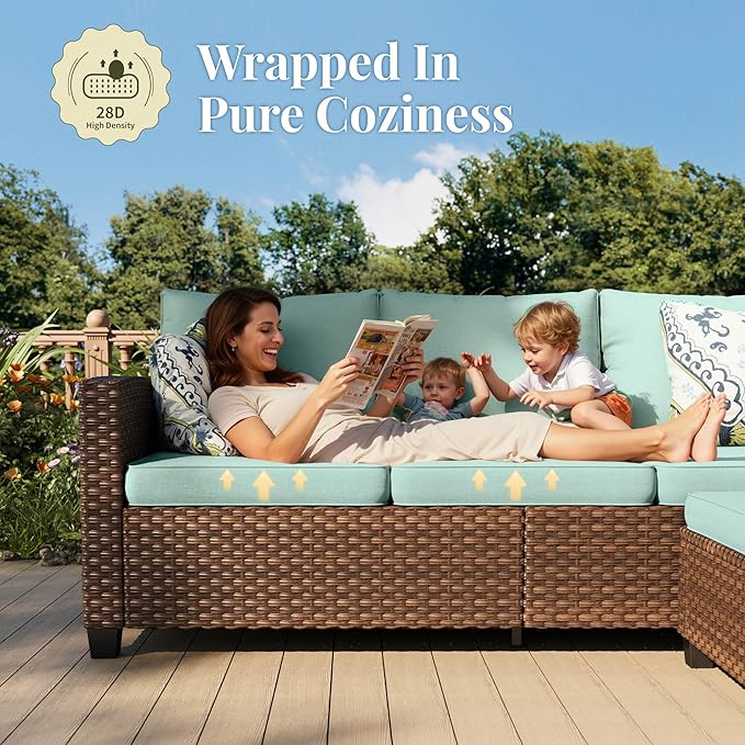 Patio Furniture Set, 8 Pcs Wicker Rattan Outdoor Conversation Set, 4 x Leg Chairs, 1 x 3 Seater Sofa and 2 x Ottoman with 4" Thick Cushion and 56" Fire Pit Table, Blue