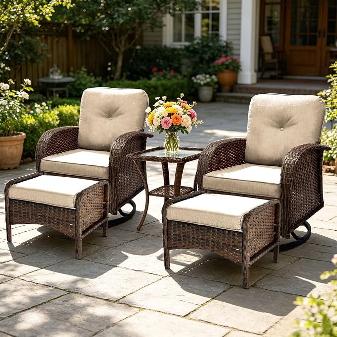 All Weather Patio Furniture Set, High Back Swivel Rocker Glider Chairs，Ottomans & Glass Tables, Outdoor Conversation Set for Deck Porch Yard Poolside (Brown, 5PCS-Swivle Chairs&Ottomans&Table)