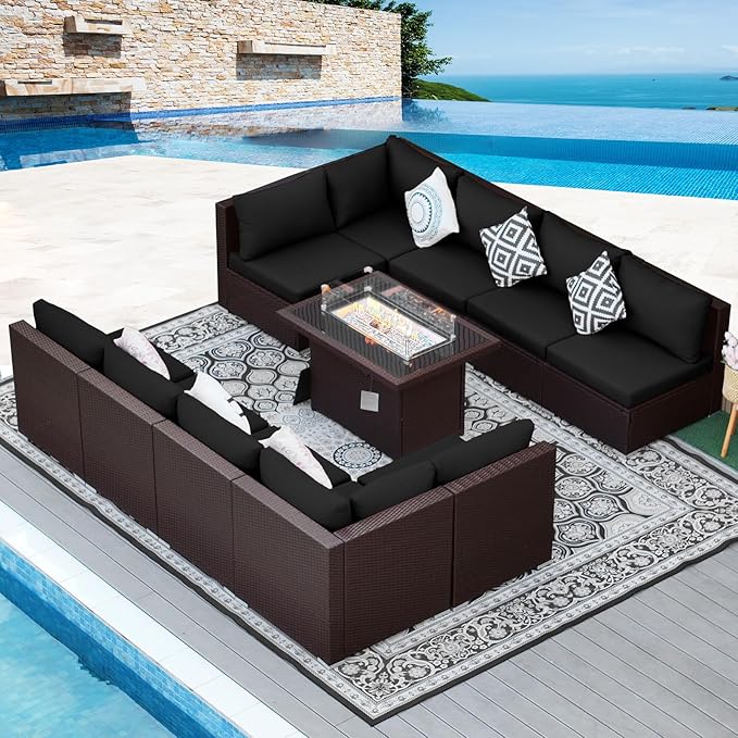 NICESOUL 11 Piece Outdoor Furniture Set with Firepit, High Weight Capacity 10-Seater Patio Sectional, 29.3'' High-Back Backyard Seating, All-Weather Rattan Couch Sets for Outside, Deck, Brown & Black