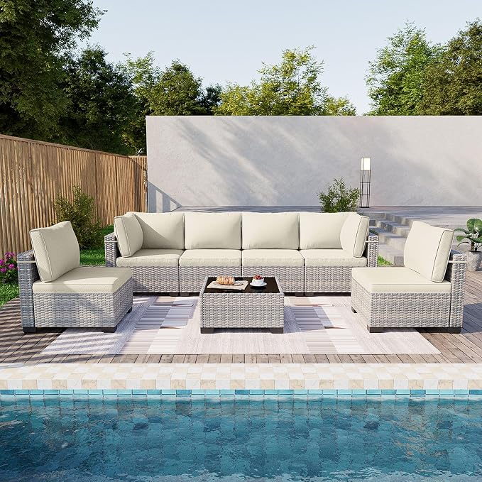 7-Piece Patio Furniture Set, Outdoor Sectional with Thick Cushions, Modular Patio Sofa, Dual-Strand Wicker Rattan, Rust-Resistant Frame, Backyard Furniture for Garden, Deck, Ivory