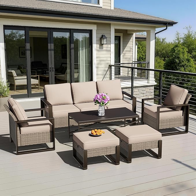 6 Pieces Metal Wicker Patio Furniture Set - 75" Sofa, 2 Armchairs and 2 Ottomans, 1 Coffee Table All Weather Rattan Outdoor Conversation Furniture with Washable Cushion for Deck Porch, Beige