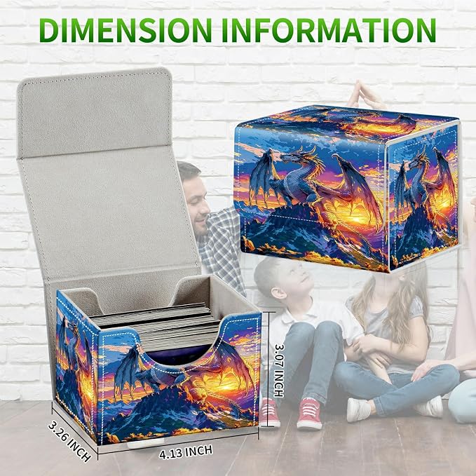 Card Deck Box for MTG, Cards Storage Box Fits 120+ Sleeved, Leather Small Size Strong Magnetic Closing Card Case for Board Games Magic TCG CCG Baseball Collection, Mountain Sunset Dragon