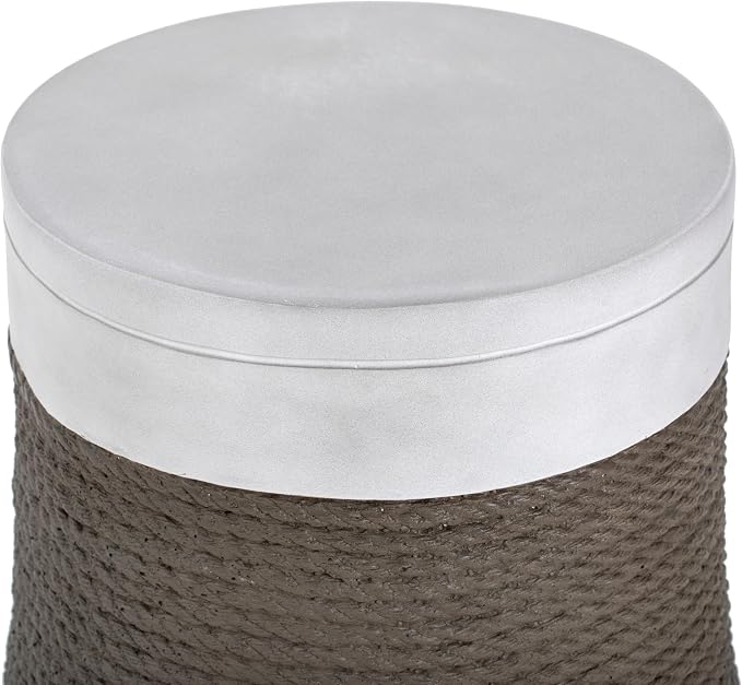 Outdoor Side Table Round Concrete Side Tables with Brown Woven Rope Decor,MGO Fan-Shape Patio End Table for Living Room Garden Balcony,Fully Assembled,Light Gray